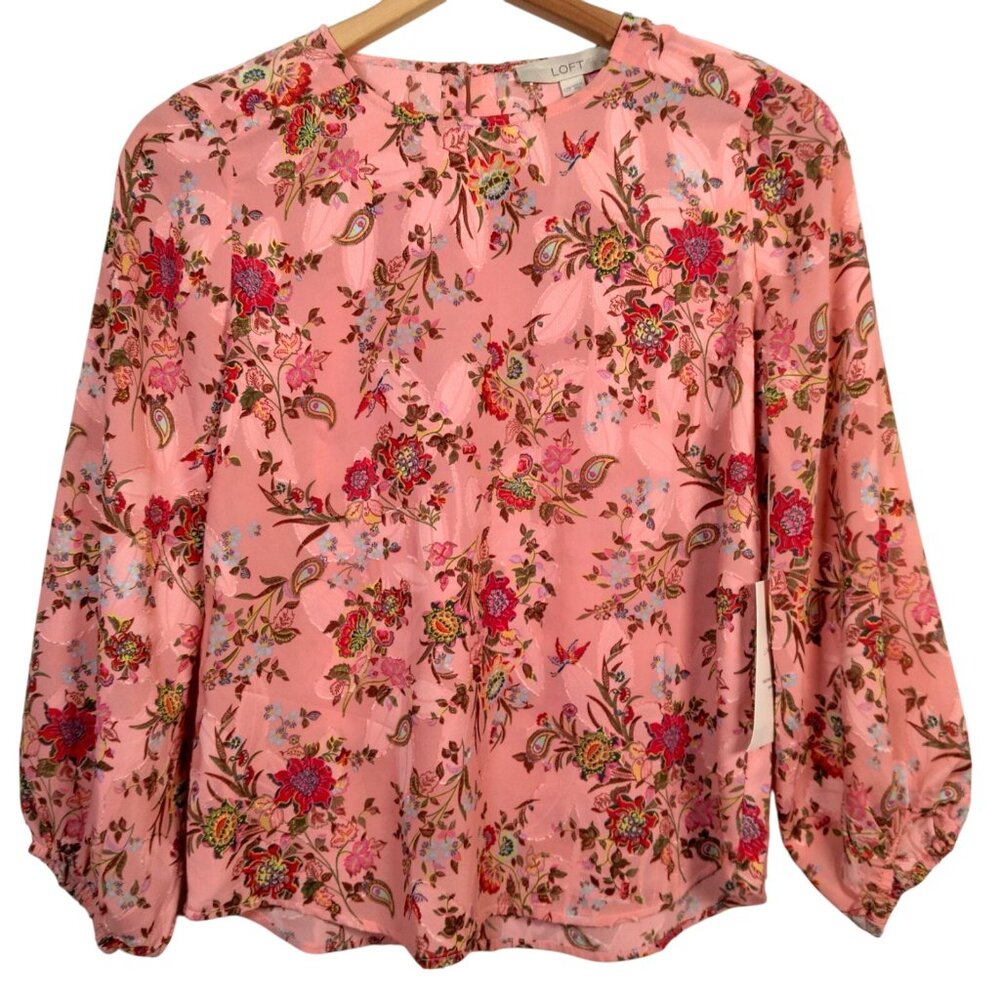 Loft Blouse Shirt XXS Petite Pink Floral Long Balloon Sleeve Semi Sheer Textured